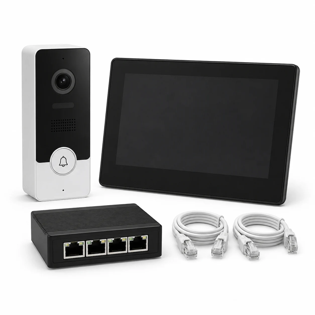 Representación de videoportero IP con monitor y switch